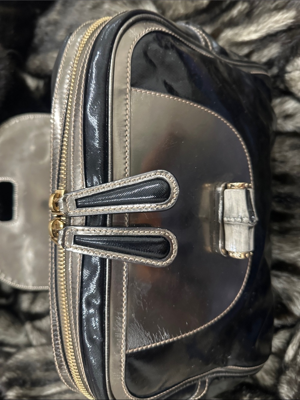 GUCCI metallic Silver and Black Top-Handle GUCCI bamboo LARGE purse - Picture 11 of 16